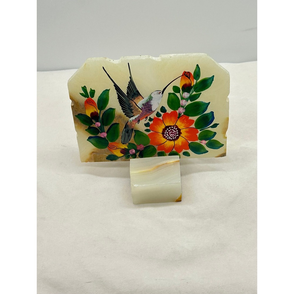 Vintage Mexican Onyx Hand Painted Hummingbird Floral Stone Art Slab with Base - Picture 5 of 8
